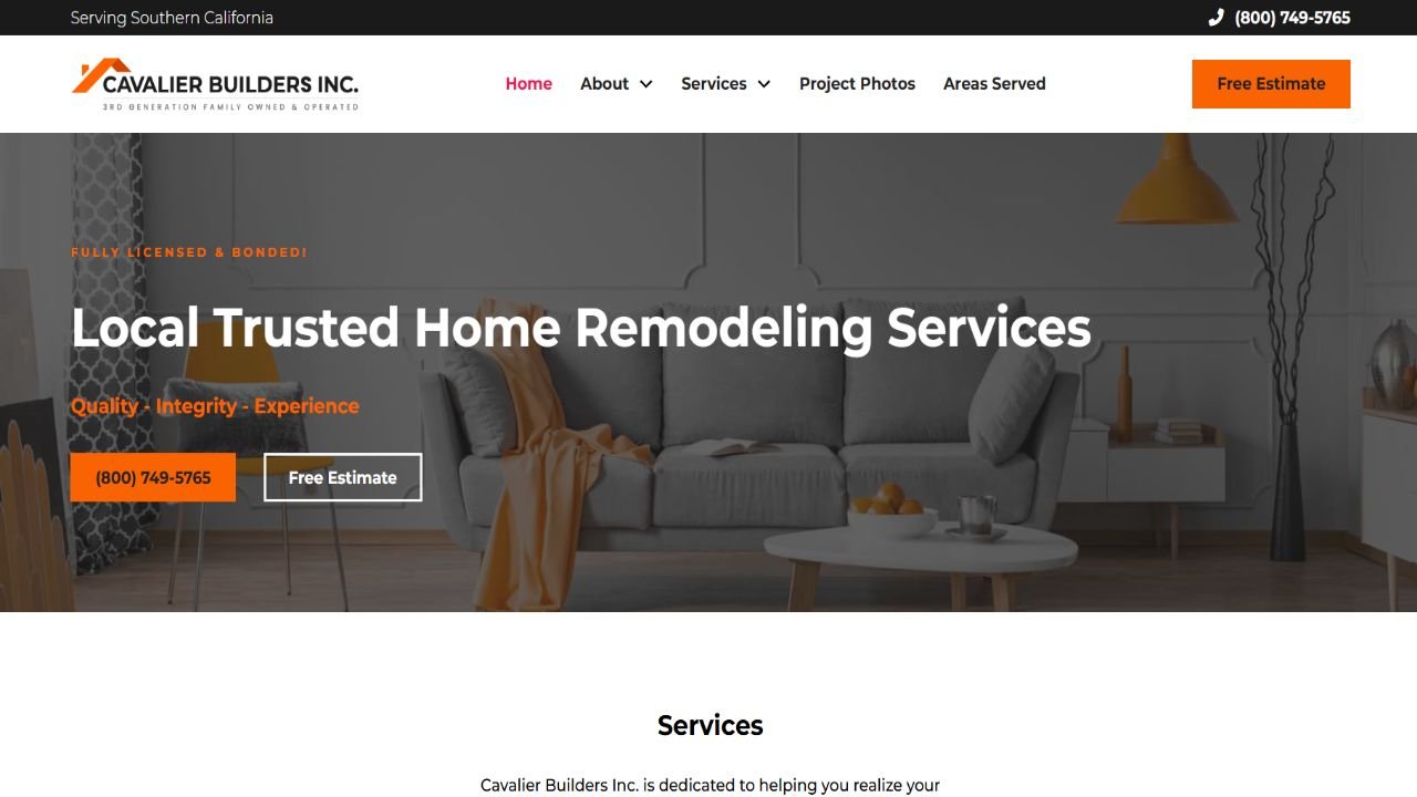Website preview: Cavalier Builders Inc. | Remodeling Contractor Los Angeles