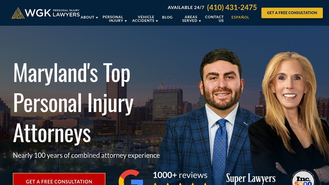 Website preview: WGK Personal Injury Lawyers - Baltimore